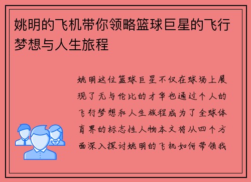 姚明的飞机带你领略篮球巨星的飞行梦想与人生旅程